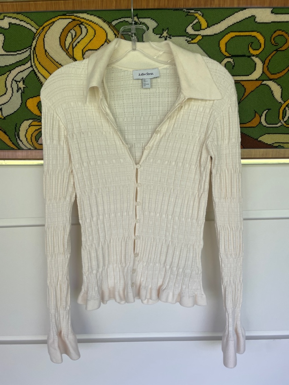 & Other Stories Cream Ribbed Button-Down Collared Top with Ruffle Sleeve